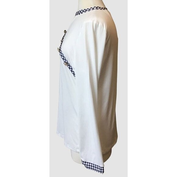 Nora Cora Long Sleeve White Pullover Asymmetric Neck Gingham & Button Accents LG - Picture 5 of 11
